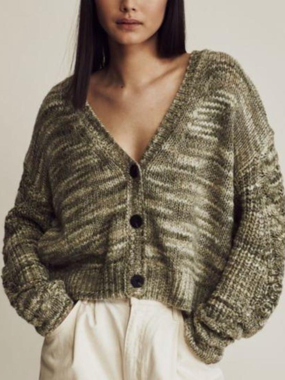 LINE Knit Cardigan in Green & Cream Size Medium Like New